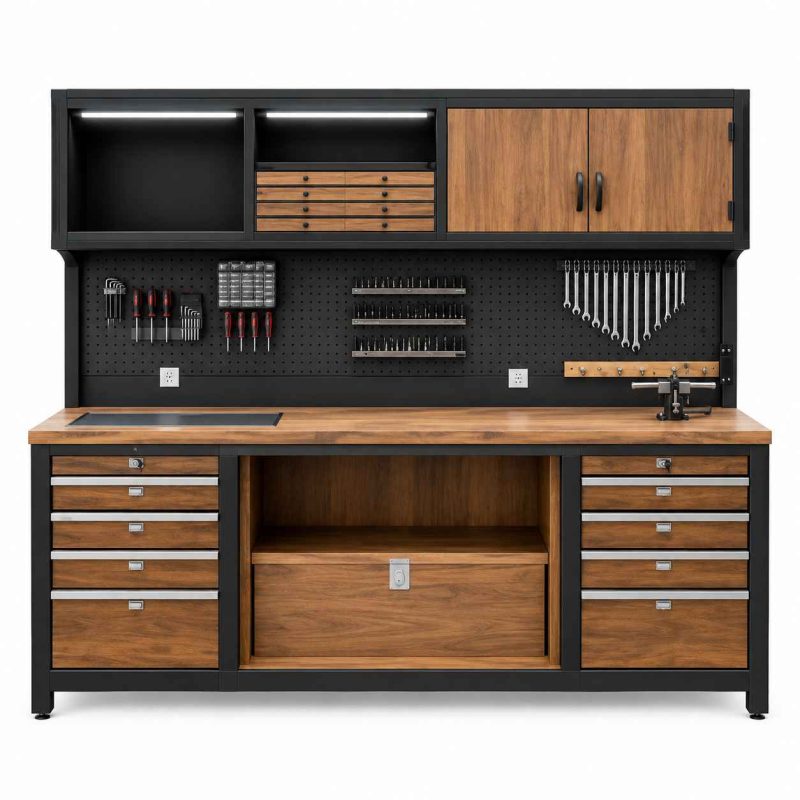 Meja kerja perkakas custom workbench gaya industrial dengan finishing HPL kayu dan pegboard hitam.